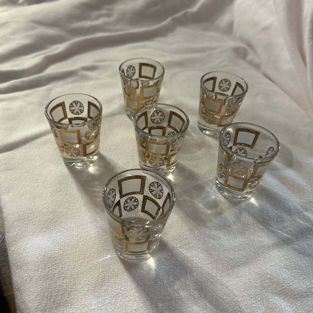 Set of 6 MCM ‘60s Culver Carnival Circle Starburst‎ Square 22k gold shot glasses